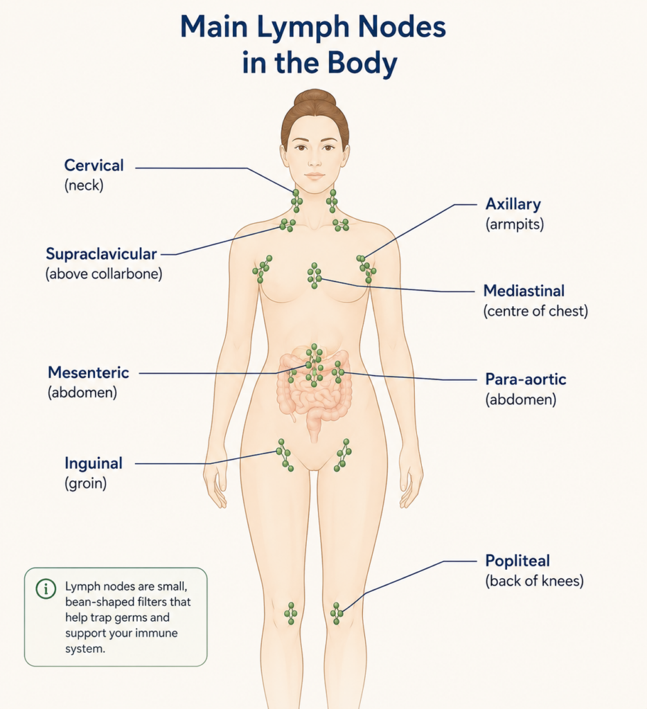 Lymphatic drainage. Main lymph nodes in body